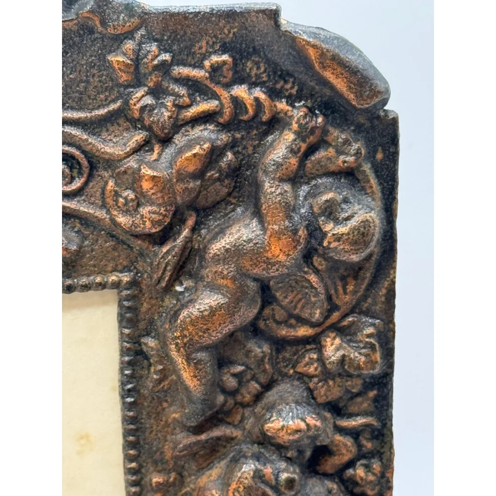 Vintage Ornate Cast Metal Picture Frame Cherub Floral Black Bronze Patina 4.5x6